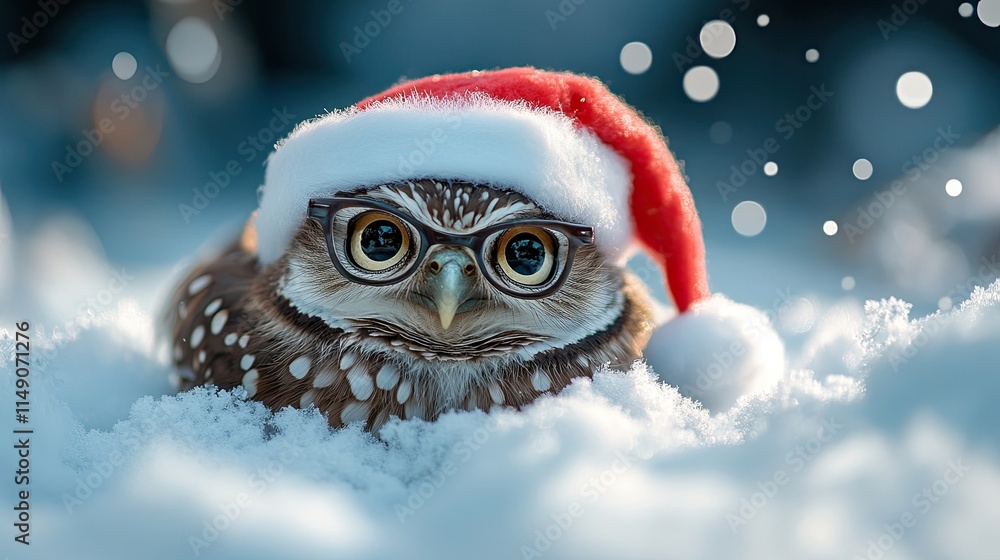 Adorable owl lying on snow in a winter scene, with a Santa hat and spectacles -- Adorable owl lying on snow in a winter scene, with a Santa hat and spectacles --