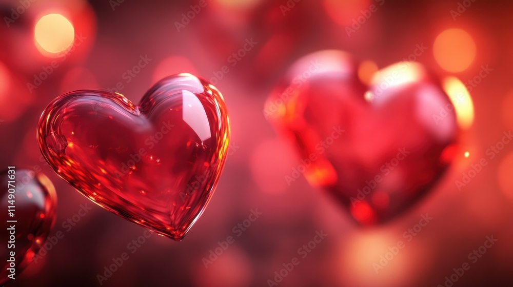 Red glass hearts float against a bokeh background. Red glass hearts float against a bokeh background.