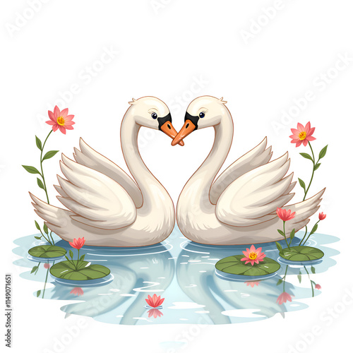 Wallpaper Mural Elegant swans embracing amidst blossoming water lilies and calm waters, digital art of romantic scene concept. Torontodigital.ca