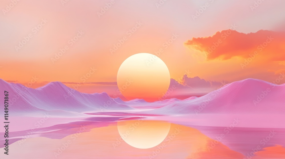 Pastel sunset over calm lake reflecting sun and mountains. Pastel sunset over calm lake reflecting sun and mountains.