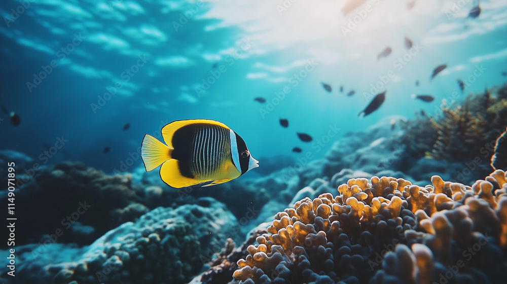 Fototapeta premium Vibrant tropical fish swimming near coral reefs in clear blue water.