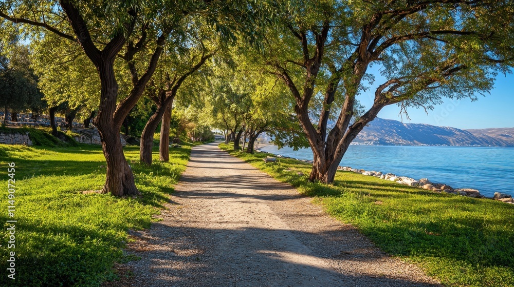 Fototapeta premium Scenic Lakeside Path with Lush Trees and Tranquil Waters: A Serene Morning Walk by the Lake