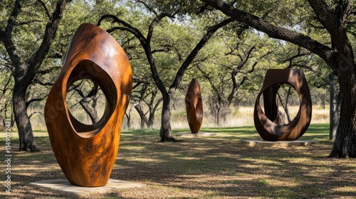 Abstract sculptures in a natural park setting.