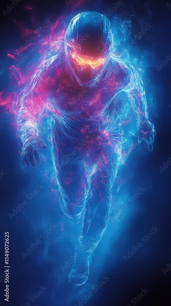 A glowing figure in a futuristic suit, surrounded by vibrant blue and pink energy, suggesting motion and exploration.