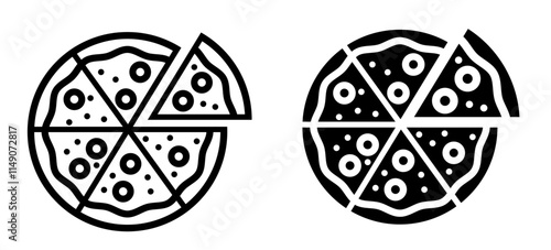 Pepperoni pizza slices and whole pizza icon collection on white background. Pizza slices. Iconic cheese and mushroom pizza slice. Fast food icon set.  pesto pizza, pepperoni pizza, vegetable.