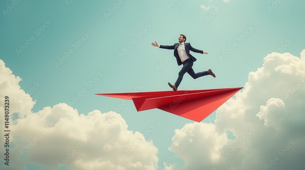 Businessman Confidently Jumping On Red Flying Paper Plane, Symbolizing Leadership And Ambitions For Growth. Contemporary Art Collage. Concept Of Business, Progress, Achievement, Development