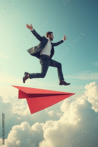 Businessman Confidently Jumping On Red Flying Paper Plane, Symbolizing Leadership And Ambitions For Growth. Contemporary Art Collage. Concept Of Business, Progress, Achievement, Development