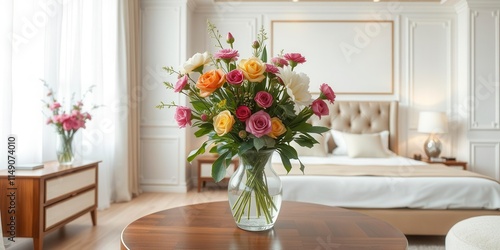 Fresh bouquet of flowers in a vase on a stylish white nightstand table in a glamorous bedroom interior with a king size bed, flowers, interior, vase