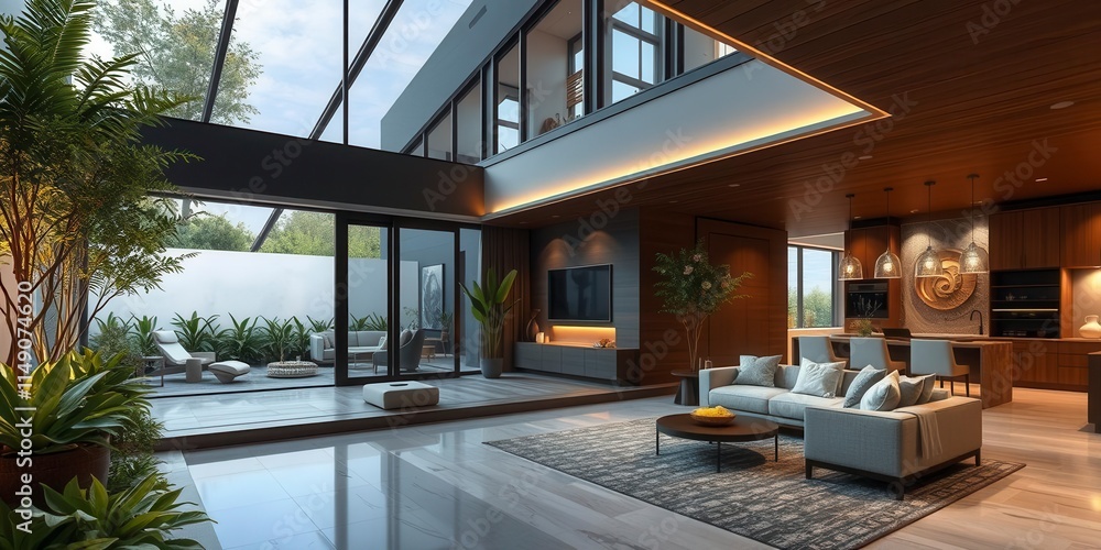 Fototapeta premium Luxurious modern interior seamlessly blending with a beautiful outdoor garden, stylish, modern
