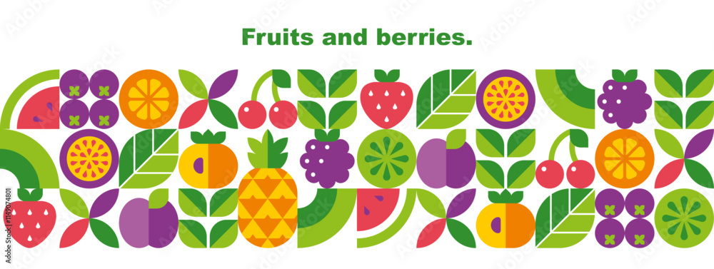 Fruits, berries, leaves and slices.Abstract geometric background. Banner template. Set of vector icons in simple flat style. Seamless border. Isolated elements. Fruits, berries, leaves and slices.Abstract geometric background. Banner template. Set of vector icons in simple flat style. Seamless border. Isolated elements.