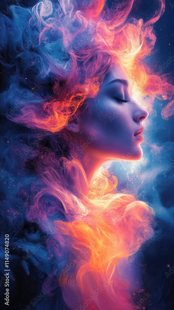 A captivating profile of a woman surrounded by vibrant, swirling colors resembling smoke and flames, evoking a sense of wonder. A captivating profile of a woman surrounded by vibrant, swirling colors resembling smoke and flames, evoking a sense of wonder.