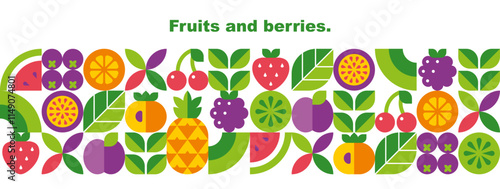 Fruits, berries, leaves and slices.Abstract geometric background. Banner template. Set of vector icons in simple flat style. Seamless border. Isolated elements. 