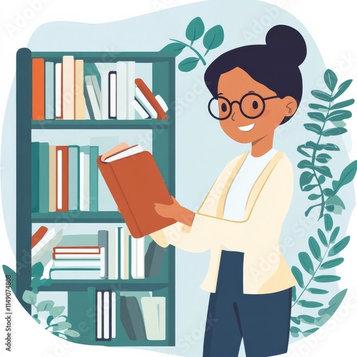 A librarian smiling warmly with a book resting on a shelf.