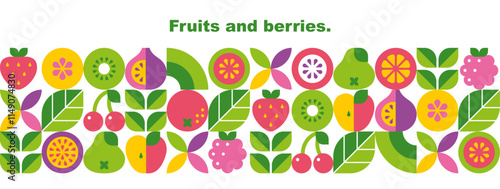 Fruits, berries, leaves and slices.Abstract geometric background. Banner template. Set of vector icons in simple flat style. Seamless border. Isolated elements. 