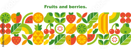 Fruits, berries, leaves and slices.Abstract geometric background. Banner template. Set of vector icons in simple flat style. Seamless border. Isolated elements. 