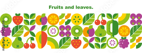 Fruits, berries, leaves and slices.Abstract geometric background. Banner template. Set of vector icons in simple flat style. Seamless border. Isolated elements. 
