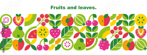 Fruits, berries, leaves and slices.Abstract geometric background. Banner template. Set of vector icons in simple flat style. Seamless border. Isolated elements. 