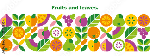 Fruits, berries, leaves and slices.Abstract geometric background. Banner template. Set of vector icons in simple flat style. Seamless border. Isolated elements. 