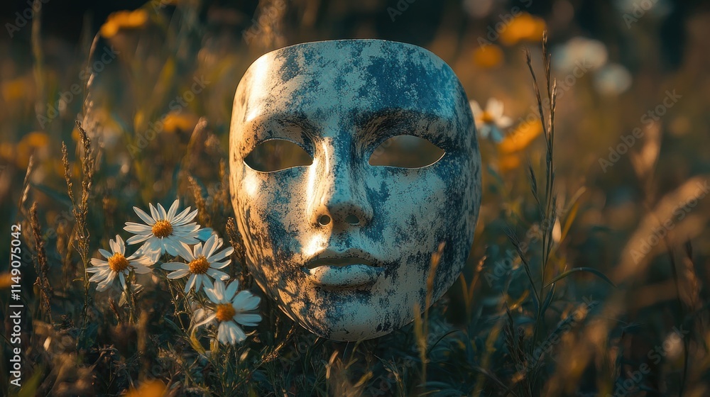 A weathered mask rests in a field of daisies, blending nature with artistry. A weathered mask rests in a field of daisies, blending nature with artistry.