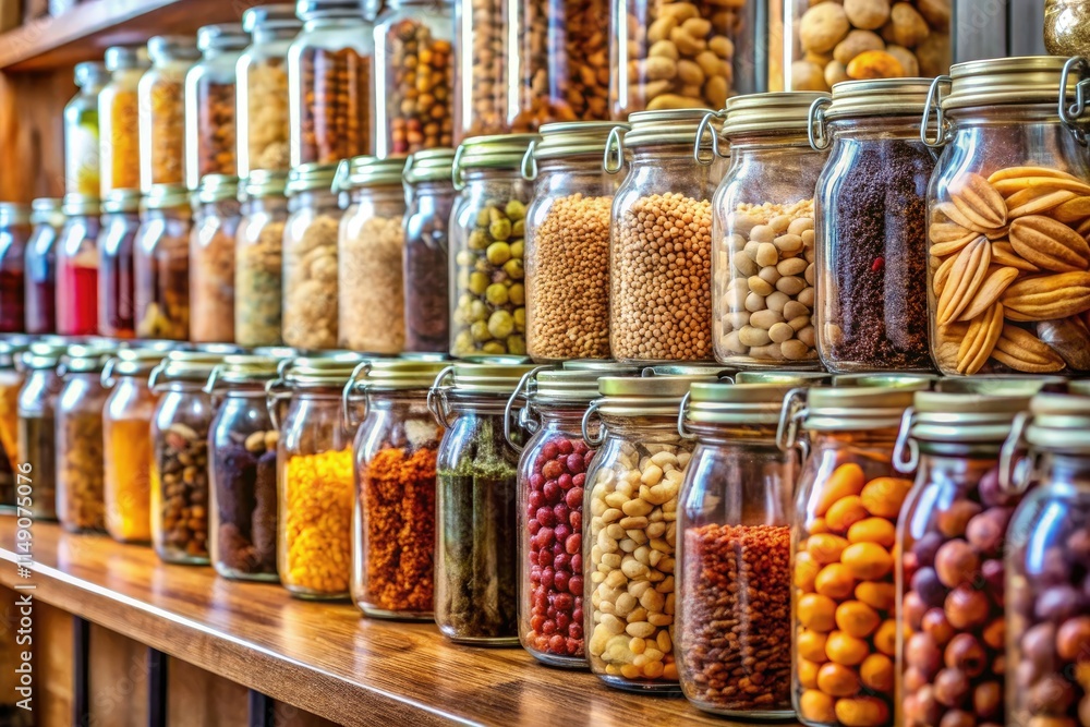 Architectural lines highlight rows of jars filled with seeds, nuts, dried fruits, and sweets. Architectural lines highlight rows of jars filled with seeds, nuts, dried fruits, and sweets.