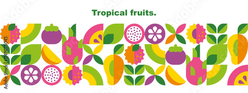 Tropical fruits, leaves and slices.Abstract geometric background. Banner template. Set of vector icons in simple flat style. Seamless border. Isolated elements. 