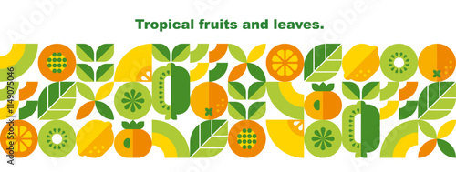 Tropical fruits, leaves and slices.Abstract geometric background. Banner template. Set of vector icons in simple flat style. Seamless border. Isolated elements. 