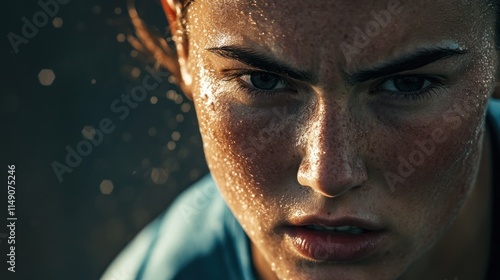 Close-up portrait of a determined, sweaty female athlete.