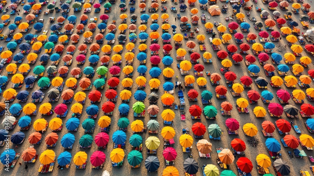 Fototapeta premium Colorful beach umbrellas arranged in rows on sandy beach, aerial view.