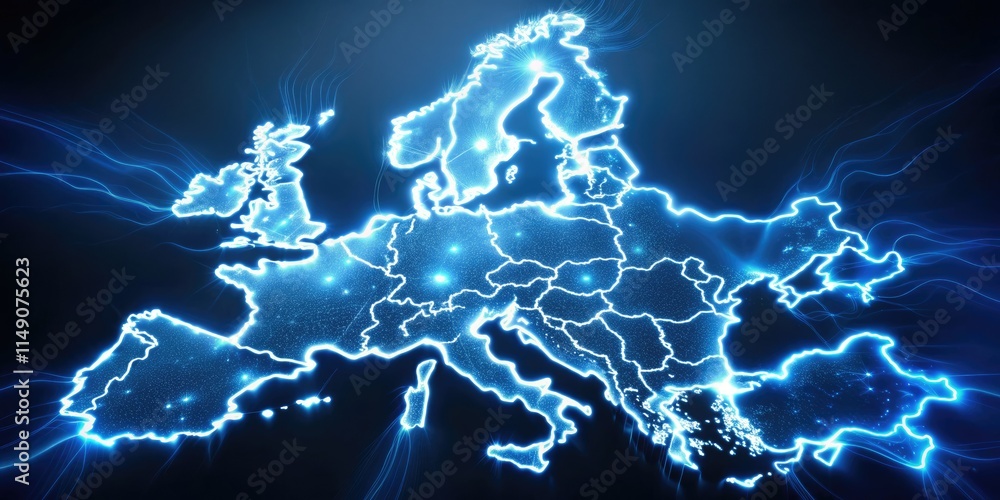 Artistic long-exposure night photo of a blue-lined European map; abstract travel photography. Artistic long-exposure night photo of a blue-lined European map; abstract travel photography.