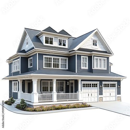 single-family home with large porch and driveway isolated on white background photo