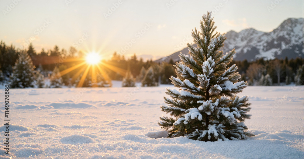 Snow-covered pine tree in winter field at sunrise Snow-covered pine tree in winter field at sunrise
