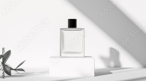 Wallpaper Mural Elegant minimalist white perfume bottle sits on white cube podium against white wall. Soft shadows highlight design. Product photo ideal for luxury beauty product branding. Stylish presentation for Torontodigital.ca