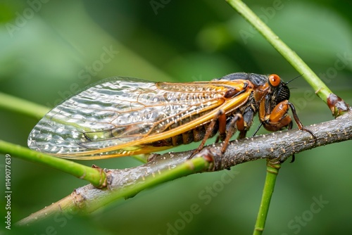 A red-eyed Brood X cicada climbs along a twig as it completes its transformation.