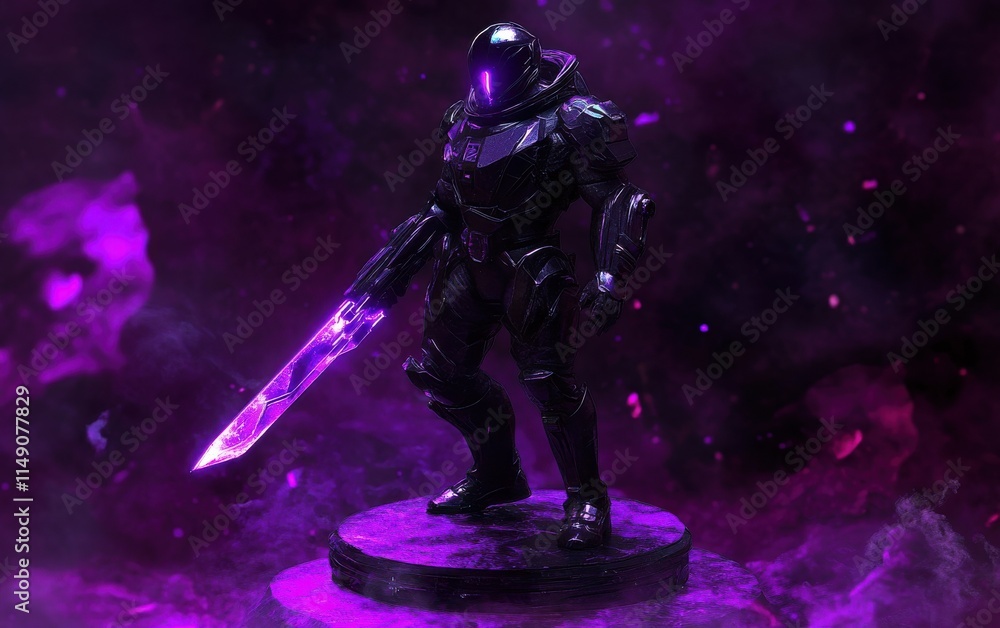 A 3D design of a bio-enhanced soldier with a retractable energy blade and heavy armor, standing on a pedestal in an abstract dark purple space. A 3D design of a bio-enhanced soldier with a retractable energy blade and heavy armor, standing on a pedestal in an abstract dark purple space.