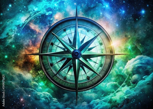 Black compass, stark white, guides surreal marine navigation; fantasy adventure awaits. photo