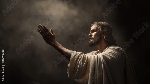 Jesus Christ depicted in prayerful pose reaching out hand towards light. Dramatic dark background creates spiritual atmosphere. Jesus in religious art style embodies faith hope, divinity. Image photo