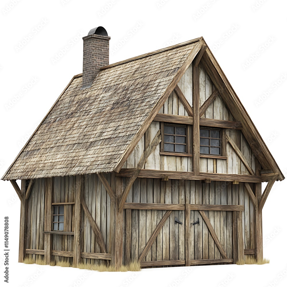 Naklejka premium rustic barn-style house with wooden beams isolated on white background