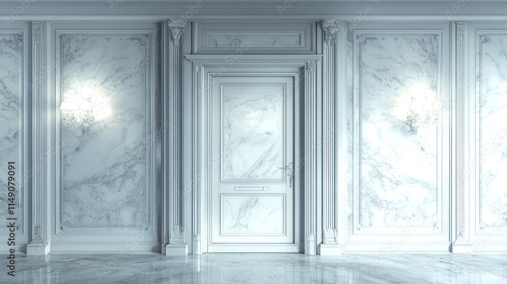 Naklejka premium Elegant white door in marble wall interior.