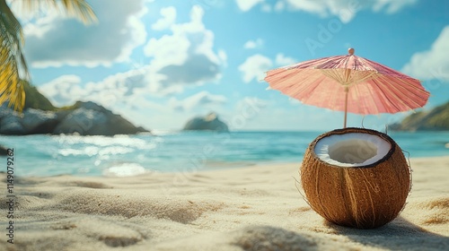 Wallpaper Mural On a sandy beach, a coconut drink and a pink umbrella. Tropical themes, vacation, and summer - Torontodigital.ca