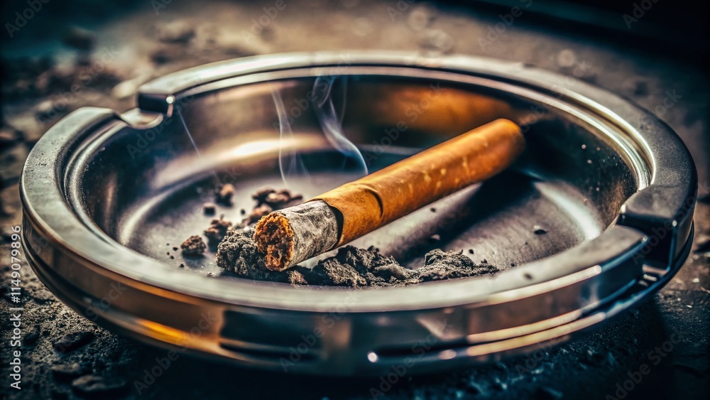Grainy Close-up of a Half-Smoked Cigarette in a Metal Ashtray, Documentary Style Photography Grainy Close-up of a Half-Smoked Cigarette in a Metal Ashtray, Documentary Style Photography