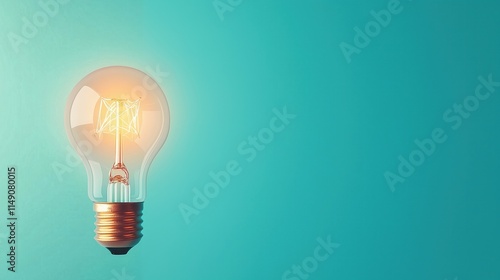 Bright light bulb glows against solid teal background. Idea concept. Inspiration. New ideas. Innovation. Creative. Light new solutions. Great for tech design projects, eco concepts. Modern design.