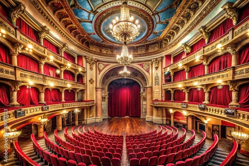 Grand Classic Theater Interior: Red Curtain, Balconies & Seats - Stock Photo