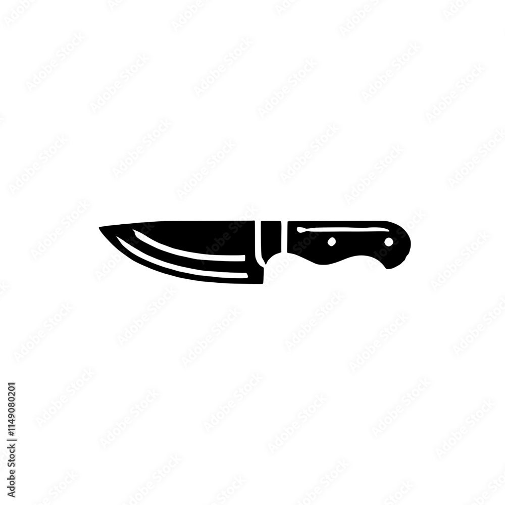 Sharp Knife Icon: A minimalist black and white illustration of a sharp knife with a wooden handle. The simple design conveys a sense of precision, strength, and efficiency.  