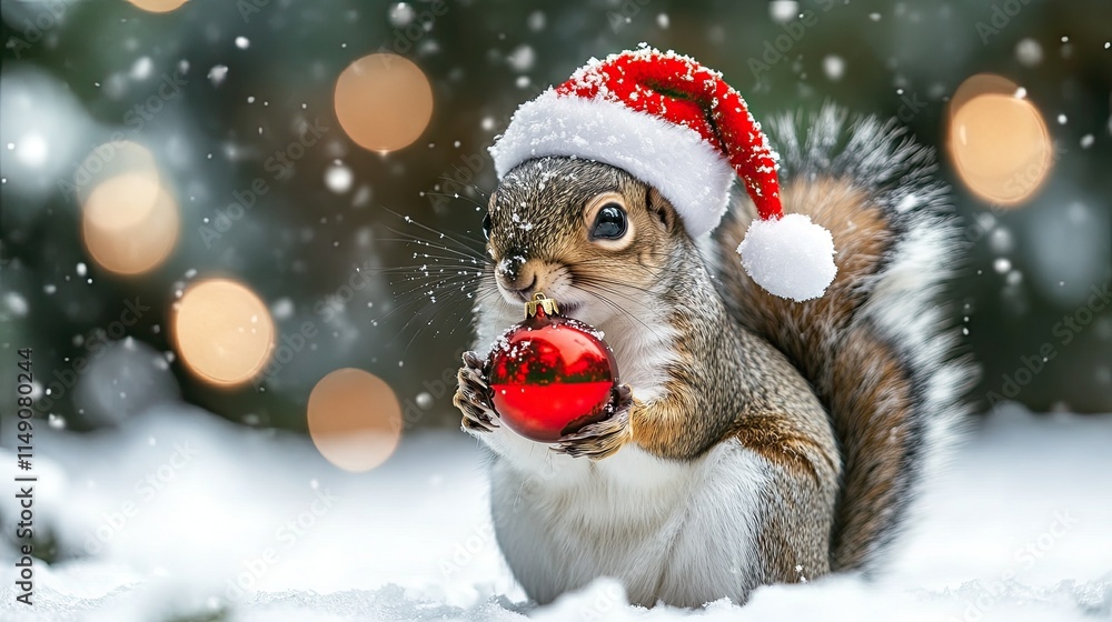 Santa hat-wearing squirrel with a red ornament in hand, celebrating Christmas and winter - Santa hat-wearing squirrel with a red ornament in hand, celebrating Christmas and winter -