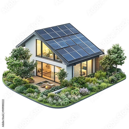 house with solar shingles and modern garden isolated on white background photo