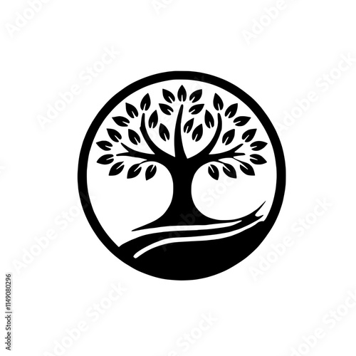 Tree of Life Emblem: Elegant black and white illustration of a stylized tree within a circular frame, symbolizing growth, nature, and life's journey.
