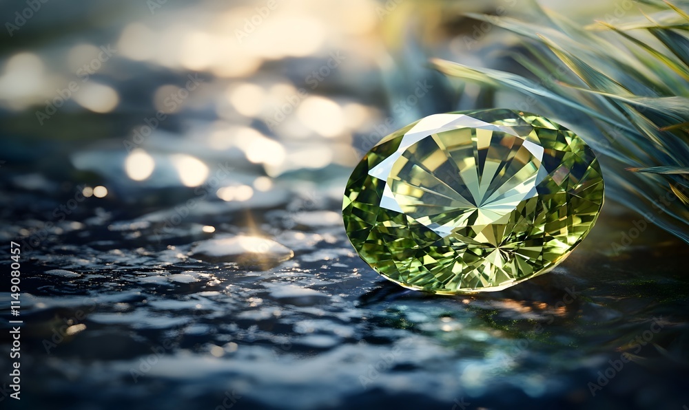 Fototapeta premium Faceted yellow-green gem on rough surface with plant.