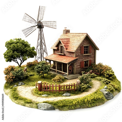 rustic countryside home with a windmill nearby isolated on white background photo