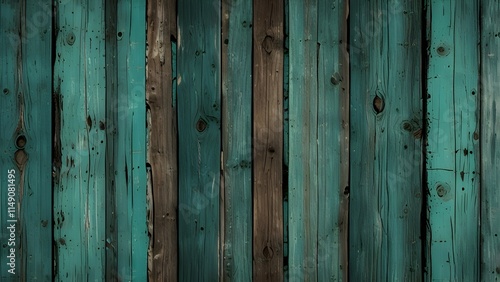 Vintage beach wood background - Old weathered wooden plank painted in turquoise or blue sea color. Generative AI