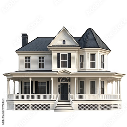 colonial-style house with a wraparound porch and pillars isolated on white background photo